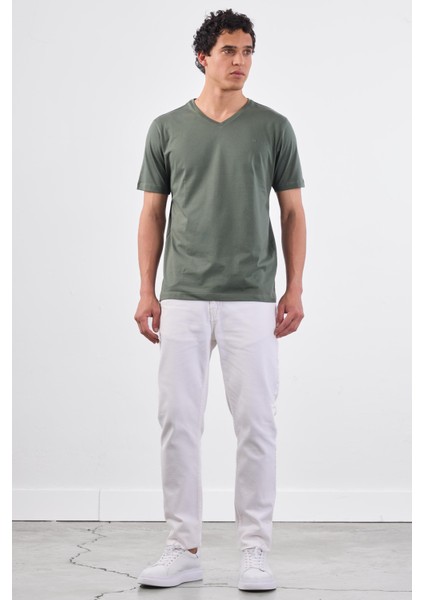 Haki V Yaka Pamuklu Düz Renk Slim Fit Erkek T-shirt modelleri