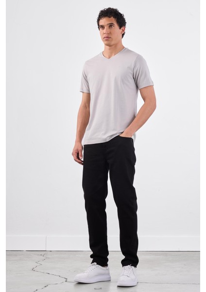 Gri V Yaka Pamuklu Düz Renk Slim Fit Erkek T-shirt modelleri