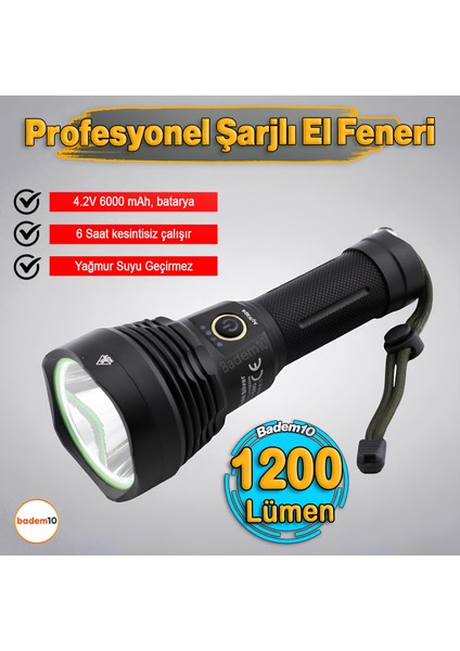 El Feneri 1200 Lümen Uzun Menzil 20W 6000 Mah Şarjlı Powerbank Ledli Işık Lambası Su Geçirmez Kamp
