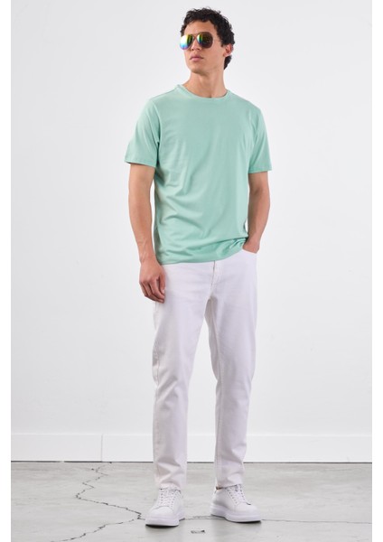 Mint Yeşili Bisiklet Yaka Pamuklu Düz Renk Slim Fit Erkek T-shirt