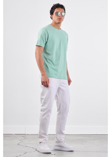 Mint Yeşili Bisiklet Yaka Pamuklu Düz Renk Slim Fit Erkek T-shirt