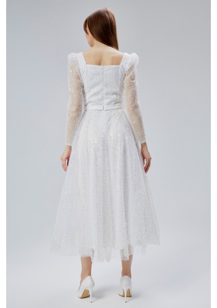 Kadın Kare Yaka Tül Kumaş Üzerine Inci Boncuklu Tül Şık ve Zarif Abiye Elbise fiyatları