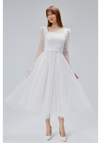 Kadın Kare Yaka Tül Kumaş Üzerine Inci Boncuklu Tül Şık ve Zarif Abiye Elbise fırsatları