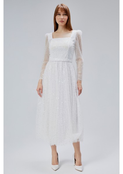 Kadın Kare Yaka Tül Kumaş Üzerine Inci Boncuklu Tül Şık ve Zarif Abiye Elbise indirimleri