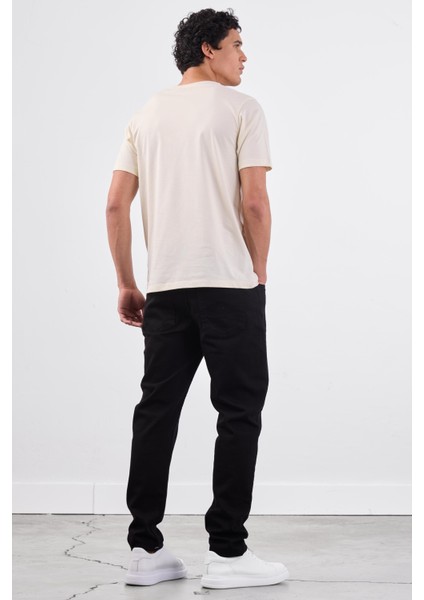 Ekru Bisiklet Yaka Pamuklu Düz Renk Slim Fit Erkek T-shirt