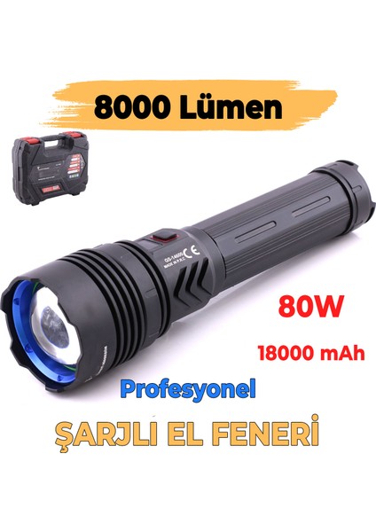 El Feneri Metal Kasa 8000 Lümen 80W Zoomlu Uzun Menzil Şarjlı Powerbank Ledli Işık Lambası Kamp