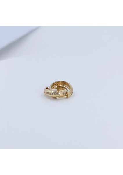 14 Ayar Taş Detaylı Bombeli Altın Halka Küpe 15 mm Çap