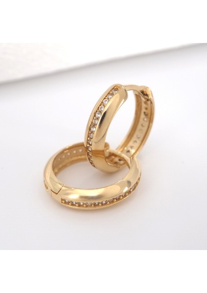 14 Ayar Taş Detaylı Bombeli Altın Halka Küpe 15 mm Çap modelleri