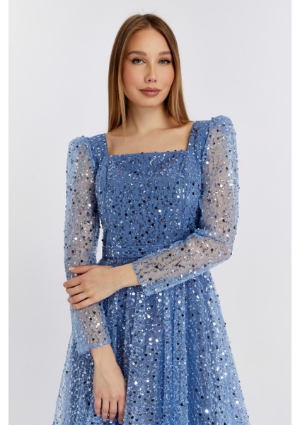 Kadın Kare Yaka Tül Kumaş Üzerine Inci Boncuklu Tül Şık ve Zarif Abiye Elbise