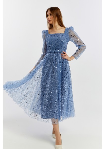 Kadın Kare Yaka Tül Kumaş Üzerine Inci Boncuklu Tül Şık ve Zarif Abiye Elbise modelleri