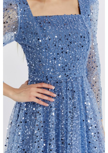 Kadın Kare Yaka Tül Kumaş Üzerine Inci Boncuklu Tül Şık ve Zarif Abiye Elbise fırsatları