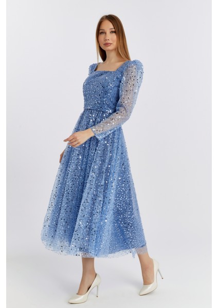 Kadın Kare Yaka Tül Kumaş Üzerine Inci Boncuklu Tül Şık ve Zarif Abiye Elbise indirimleri