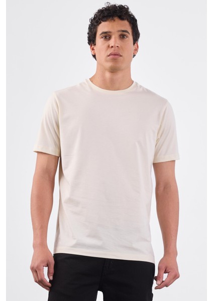 Ekru Bisiklet Yaka Pamuklu Düz Renk Slim Fit Erkek T-shirt