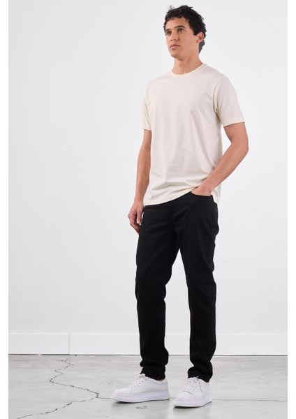 Ekru Bisiklet Yaka Pamuklu Düz Renk Slim Fit Erkek T-shirt modelleri