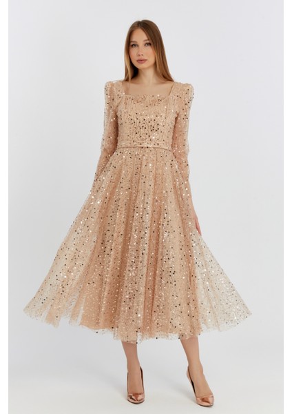 Kadın Kare Yaka Tül Kumaş Üzerine Inci Boncuklu Tül Şık ve Zarif Abiye Elbise indirimleri