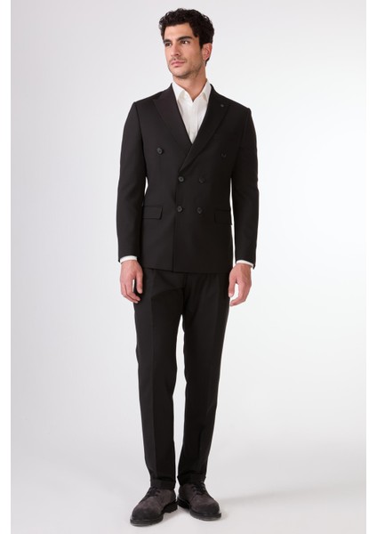 Siyah Kruvaze Sivri Yaka Düz Slim Fit Erkek Takım Elbise