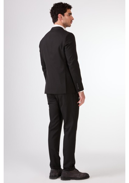 Siyah Kruvaze Sivri Yaka Düz Slim Fit Erkek Takım Elbise