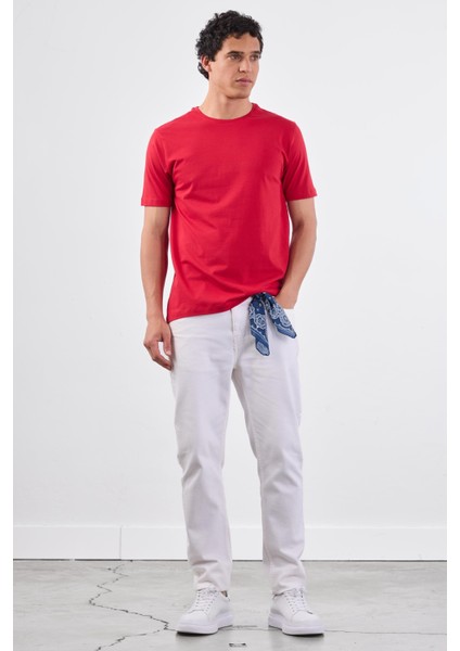 Kırmızı Bisiklet Yaka Pamuklu Düz Renk Slim Fit Erkek T-shirt fiyatları