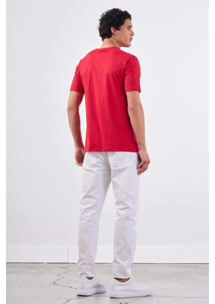 Kırmızı Bisiklet Yaka Pamuklu Düz Renk Slim Fit Erkek T-shirt fırsatları