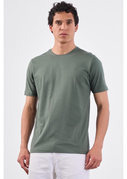 Haki Bisiklet Yaka Pamuklu Düz Renk Slim Fit Erkek T-shirt fırsatları