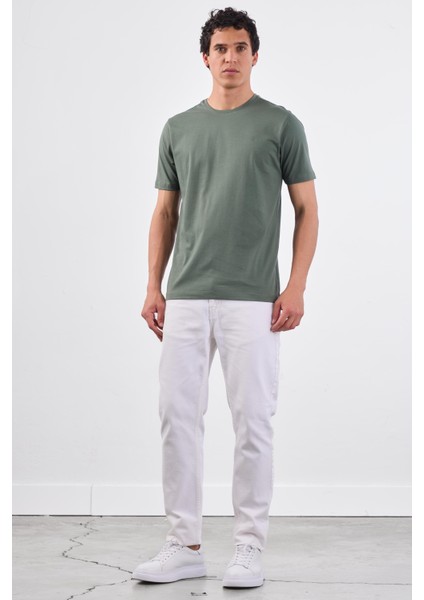 Haki Bisiklet Yaka Pamuklu Düz Renk Slim Fit Erkek T-shirt indirimleri