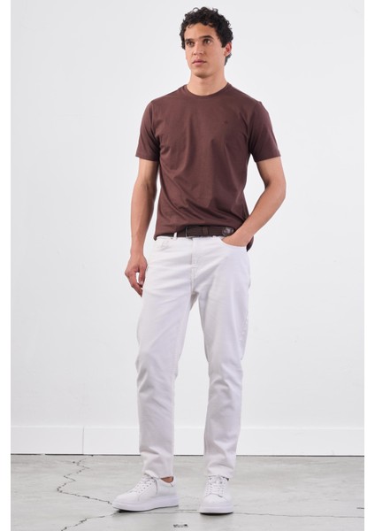 Kahve Bisiklet Yaka Pamuklu Düz Renk Slim Fit Erkek T-shirt modelleri