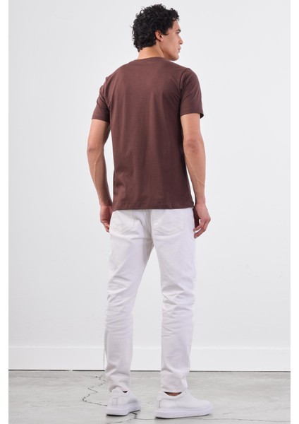 Kahve Bisiklet Yaka Pamuklu Düz Renk Slim Fit Erkek T-shirt fırsatları