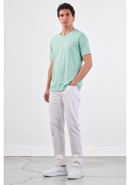 Mint Yeşili V Yaka Pamuklu Düz Renk Slim Fit Erkek T-shirt modelleri