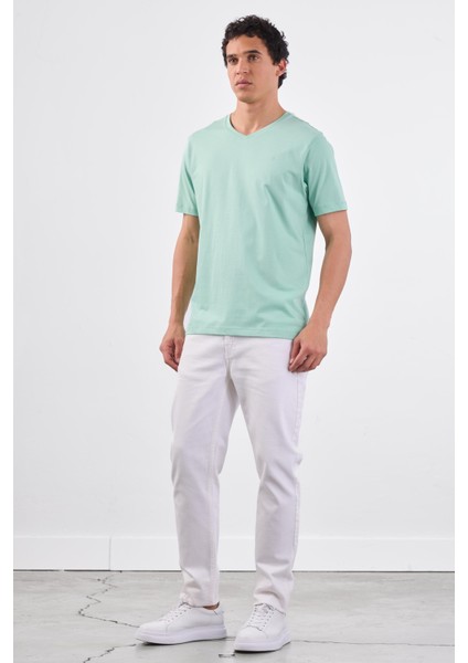 Mint Yeşili V Yaka Pamuklu Düz Renk Slim Fit Erkek T-shirt fırsatları