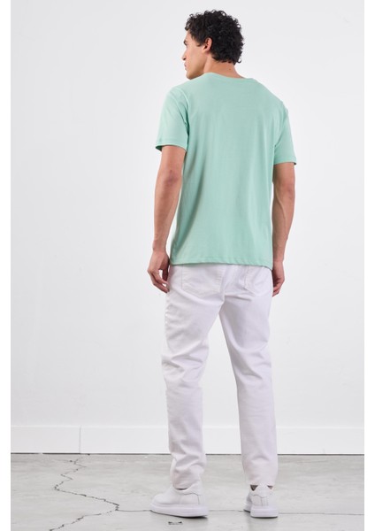 Mint Yeşili V Yaka Pamuklu Düz Renk Slim Fit Erkek T-shirt