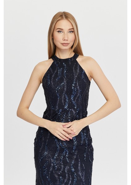 Kadın Abiye Elbise Dalgalı Desen Tül Üzerine Pul Payet ve Sim Halter Yaka Balık Abiye fiyatları