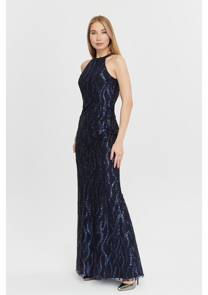 Kadın Abiye Elbise Dalgalı Desen Tül Üzerine Pul Payet ve Sim Halter Yaka Balık Abiye modelleri