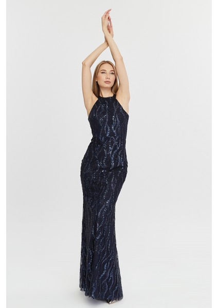 Kadın Abiye Elbise Dalgalı Desen Tül Üzerine Pul Payet ve Sim Halter Yaka Balık Abiye