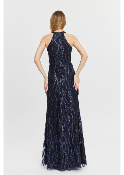 Kadın Abiye Elbise Dalgalı Desen Tül Üzerine Pul Payet ve Sim Halter Yaka Balık Abiye fırsatları