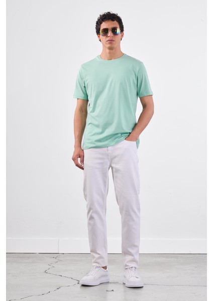 Mint Yeşili Bisiklet Yaka Pamuklu Düz Renk Slim Fit Erkek T-shirt fiyatları