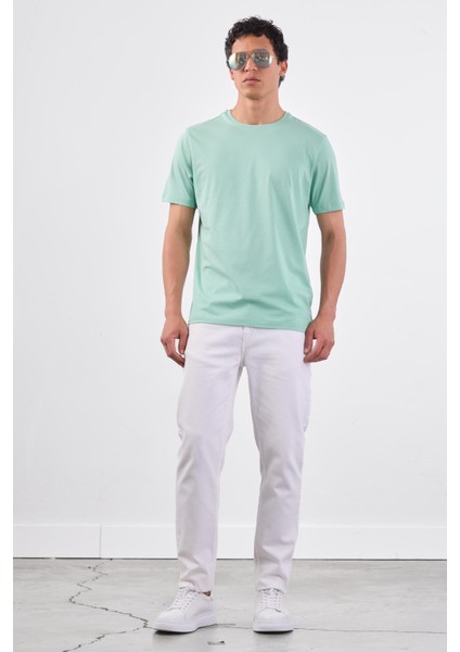 Mint Yeşili Bisiklet Yaka Pamuklu Düz Renk Slim Fit Erkek T-shirt modelleri