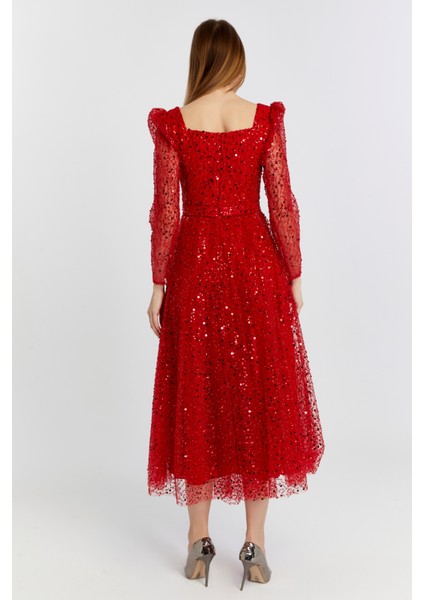 Kadın Kare Yaka Tül Kumaş Üzerine Inci Boncuklu Tül Şık ve Zarif Abiye Elbise fiyatları