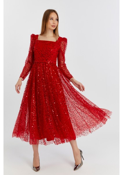 Kadın Kare Yaka Tül Kumaş Üzerine Inci Boncuklu Tül Şık ve Zarif Abiye Elbise fırsatları