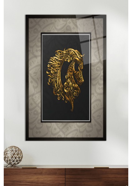 Kaligrafi Motifli At Cam Tablo, Modern Ev ve Ofis Dekoru, Hediyelik Duvar Dekorasyonu, Kırılmaz Cam