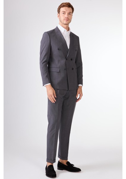 Gri Kruvaze Sivri Yaka Düz Slim Fit Erkek Takım Elbise