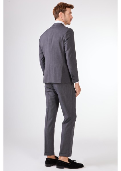Gri Kruvaze Sivri Yaka Düz Slim Fit Erkek Takım Elbise