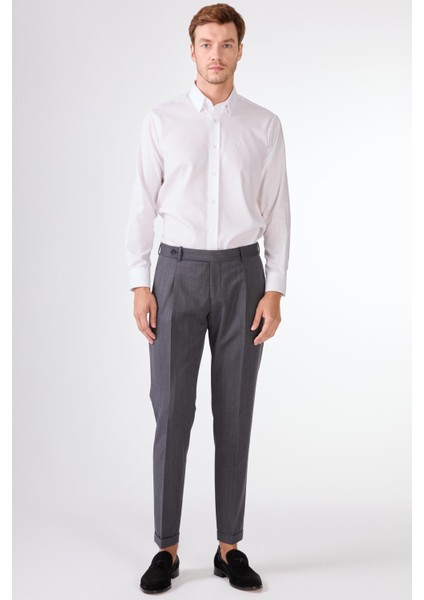 Gri Kruvaze Sivri Yaka Düz Slim Fit Erkek Takım Elbise