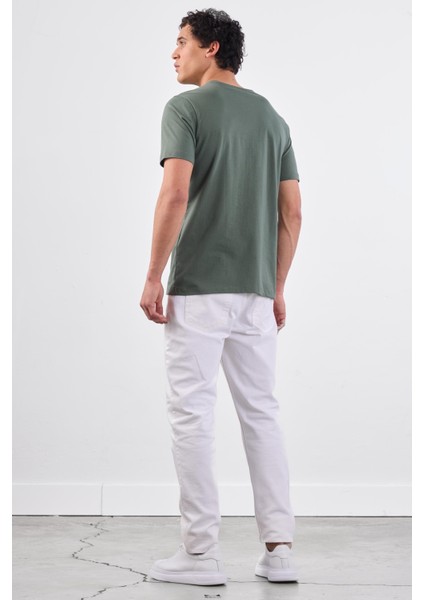 Haki Bisiklet Yaka Pamuklu Düz Renk Slim Fit Erkek T-shirt modelleri