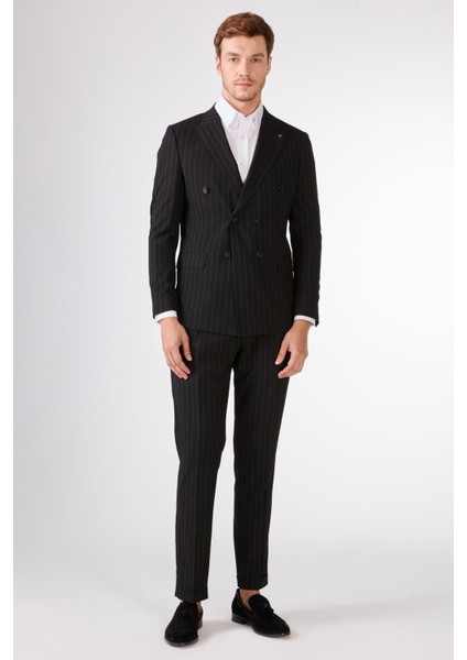 Siyah Çizgili Sivri Yaka Slim Fit Erkek Takım Elbise