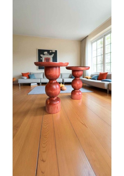 Dekoratif Ahşap Mantar Sehpa 2li Set Maun Renk Yan Sehpa