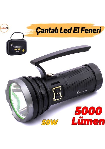 El Feneri 5000 Lümen Uzun Menzil 50W Li-Ion 4 x 3200 Mah Şarjlı Powerbank Ledli Su Geçirmez Kamp
