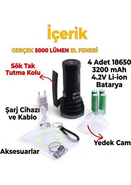 El Feneri 5000 Lümen Uzun Menzil 50W Li-Ion 4 x 3200 Mah Şarjlı Powerbank Ledli Su Geçirmez Kamp fiyatları