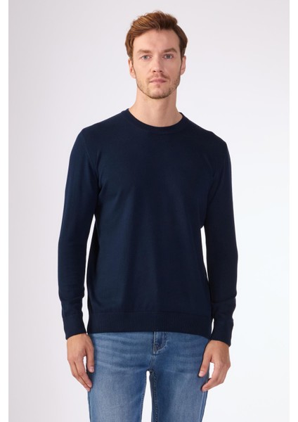 Lacivert Bisiklet Yaka %100 Pamuk Düz Renk Slim Fit Erkek Triko