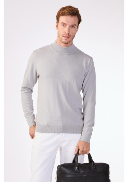 Gri Yarım Balıkçı %100 Pamuk Düz Renk Slim Fit Erkek Triko