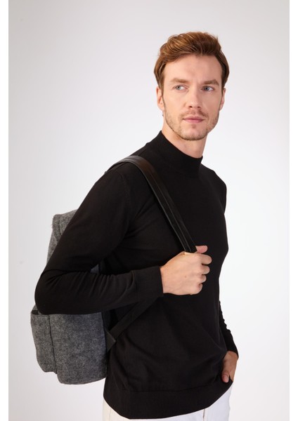 Siyah Yarım Balıkçı %100 Pamuk Düz Renk Slim Fit Erkek Triko